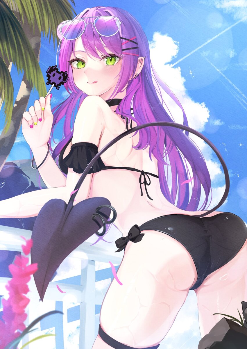 1girl :q armband ass ass_focus asymmetrical_bangs bikini black_bikini black_choker candy choker demon_tail ear_piercing eyewear_on_head food frilled_armband frills from_behind green_hair hair_ornament halterneck highres holding holding_candy holding_food hololive long_hair looking_back nail_polish piercing pointy_ears poteto25255 purple_hair ribbon_panties side-tie_bikini_bottom solo string_bikini string_bra swimsuit tail tail_ornament tail_piercing thigh_strap tokoyami_towa tongue tongue_out virtual_youtuber wet x_hair_ornament