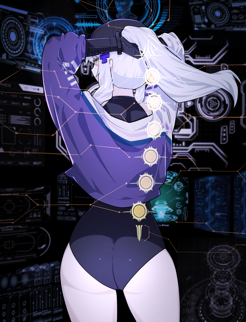 1girl absurdres ass baseball_cap black_hat commentary cross_hair_ornament doya_(qkrdbseh1205) from_behind girls&#039;_frontline girls&#039;_frontline_2:_exilium hair_ornament hat highres hk416_(girls&#039;_frontline) holographic_interface jacket long_hair looking_at_viewer looking_back multicolored_jacket ponytail purple_jacket sidelocks solo tattoo teardrop_facial_mark teardrop_tattoo two-tone_jacket white_hair white_jacket yellow_eyes