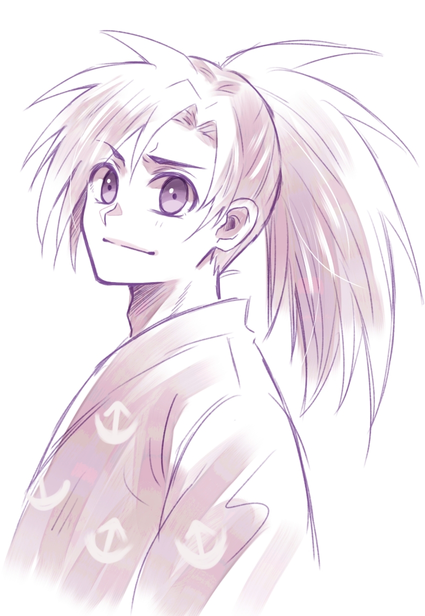 1boy dororo_(tezuka) highres hyakkimaru_(dororo) long_hair looking_at_viewer male_focus monochrome ponytail simple_background solo suzuri185 upper_body white_background