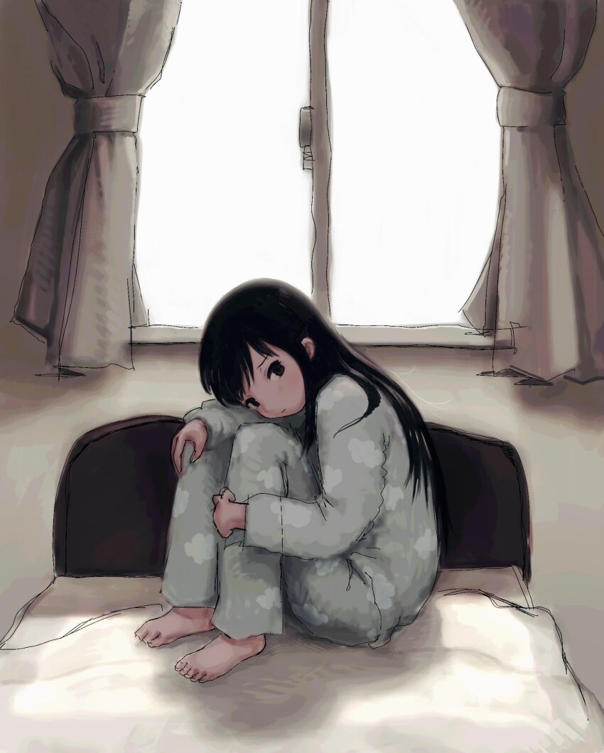 1girl barefoot bed bedroom black_hair closed_mouth cloud_print curtains grey_pajamas highres hugging_own_legs indoors long_hair long_sleeves looking_at_viewer mitsuamischeme on_bed original pajamas pants print_pajamas sitting solo straight_hair window