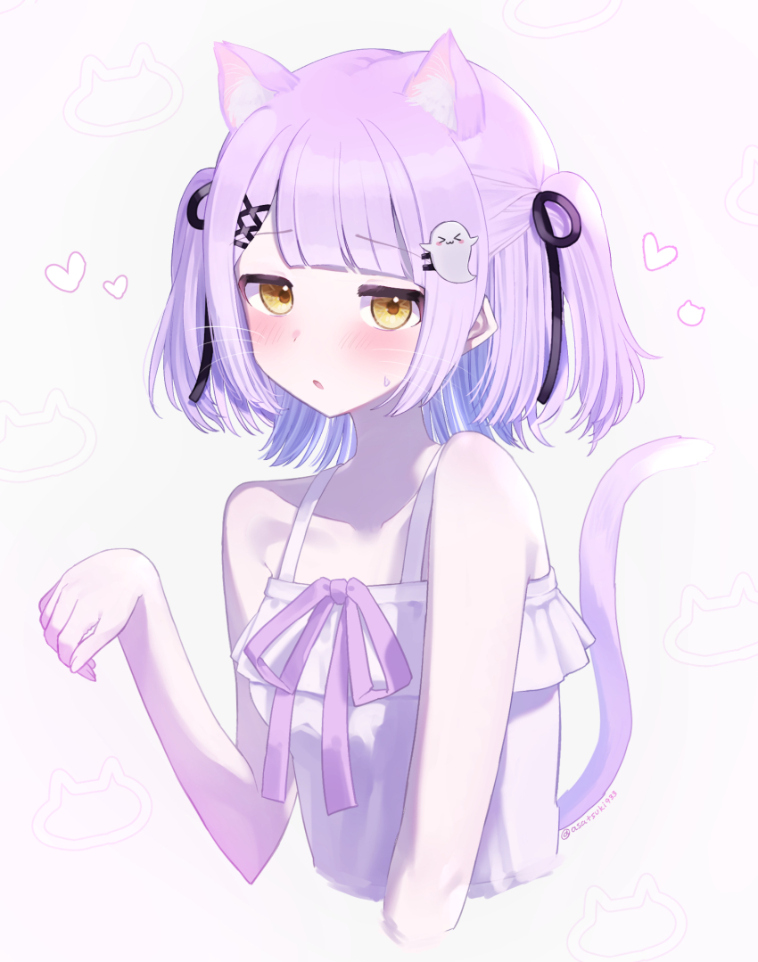 1girl animal_ear_fluff animal_ears asatsuki933 bare_shoulders black_ribbon blush camisole cat_ears cat_tail collarbone cropped_arm cropped_torso ghost_hair_ornament hair_ornament hair_ribbon hairpin heart highres jitome looking_at_viewer paw_pose purple_hair purple_ribbon ribbon shinomiya_runa solo sweatdrop tail two_side_up upper_body virtual_youtuber vspo! whiskers white_background white_camisole x_hair_ornament yellow_eyes