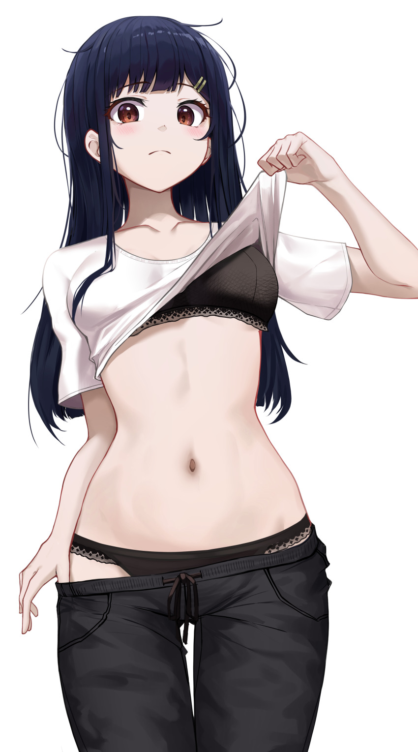 1girl absurdres apple_ringo black_bra black_hair black_panties black_pants blush bra breasts brown_eyes closed_mouth clothes_lift clothes_pull commentary cowboy_shot crop_top drawstring frown highres lace lace-trimmed_bra lace-trimmed_panties lace_trim lifting_own_clothes long_hair looking_at_viewer medium_breasts messy_hair narrow_waist navel original panties pants pants_pull pulling_own_clothes red_eyes shirt shirt_lift short_sleeves solo standing stomach underwear white_background white_shirt