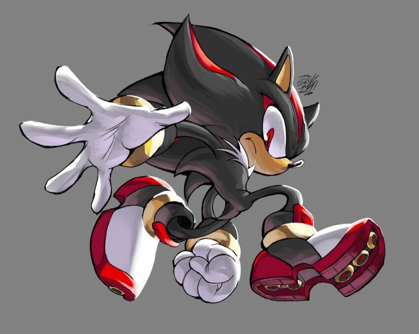 1boy animal_ears animal_nose arm_up black_footwear black_fur body_fur boots bracelet clenched_hand closed_mouth full_body furry furry_male gloves gold_bracelet grey_background hedgehog_boy jewelry looking_at_viewer male_focus multicolored_footwear red_eyes red_footwear red_fur shadow_the_hedgehog short_tail simple_background solo sonic_(series) tail terusada1 two-tone_fur white_footwear white_gloves