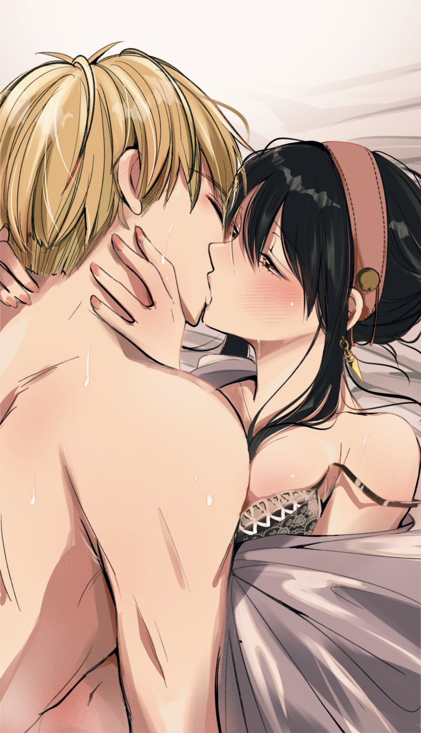 1boy 1girl absurdres alex_(sandora) black_bra black_hair blonde_hair blush bra breasts closed_eyes earrings french_kiss hairband highres husband_and_wife jewelry kiss long_hair medium_breasts nude red_eyes short_hair spy_x_family twilight_(spy_x_family) underwear yor_briar