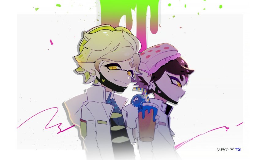 2boys animal body_piercing callie_(splatoon) coat cousins drink earrings family genderswap genderswap_(ftm) heart holding holding_drink jellyfish jellyfish_(splatoon) jewelry long_sleeves looking_at_viewer male_focus marie_(splatoon) mask mole mouth_mask multiple_boys nintendo objectification open_clothes open_coat pointy_ears short_hair smile splatoon_(series) splatoon_yoru surgical_mask