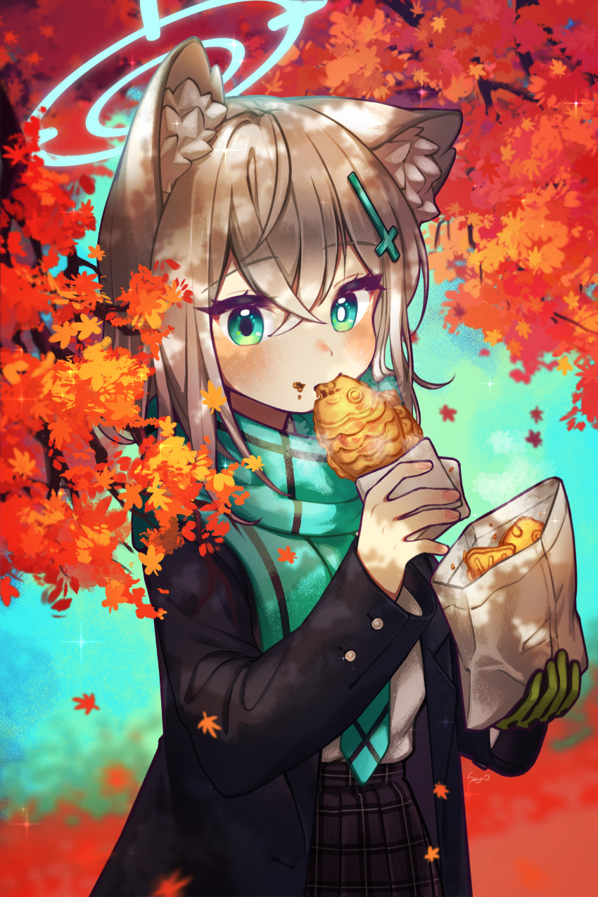 1girl absurdres animal_ear_fluff animal_ears aqua_scarf autumn biting black_jacket blue_archive cross_hair_ornament crossed_bangs eating fish food gloves green_eyes green_gloves hair_between_eyes hair_ornament halo hand_up highres holding holding_food ice_s_s_z jacket long_sleeves looking_at_viewer medium_hair mismatched_pupils pastry pleated_skirt scarf shiroko_(blue_archive) shirt single_glove skirt solo sparkle taiyaki tree wagashi white_hair white_shirt