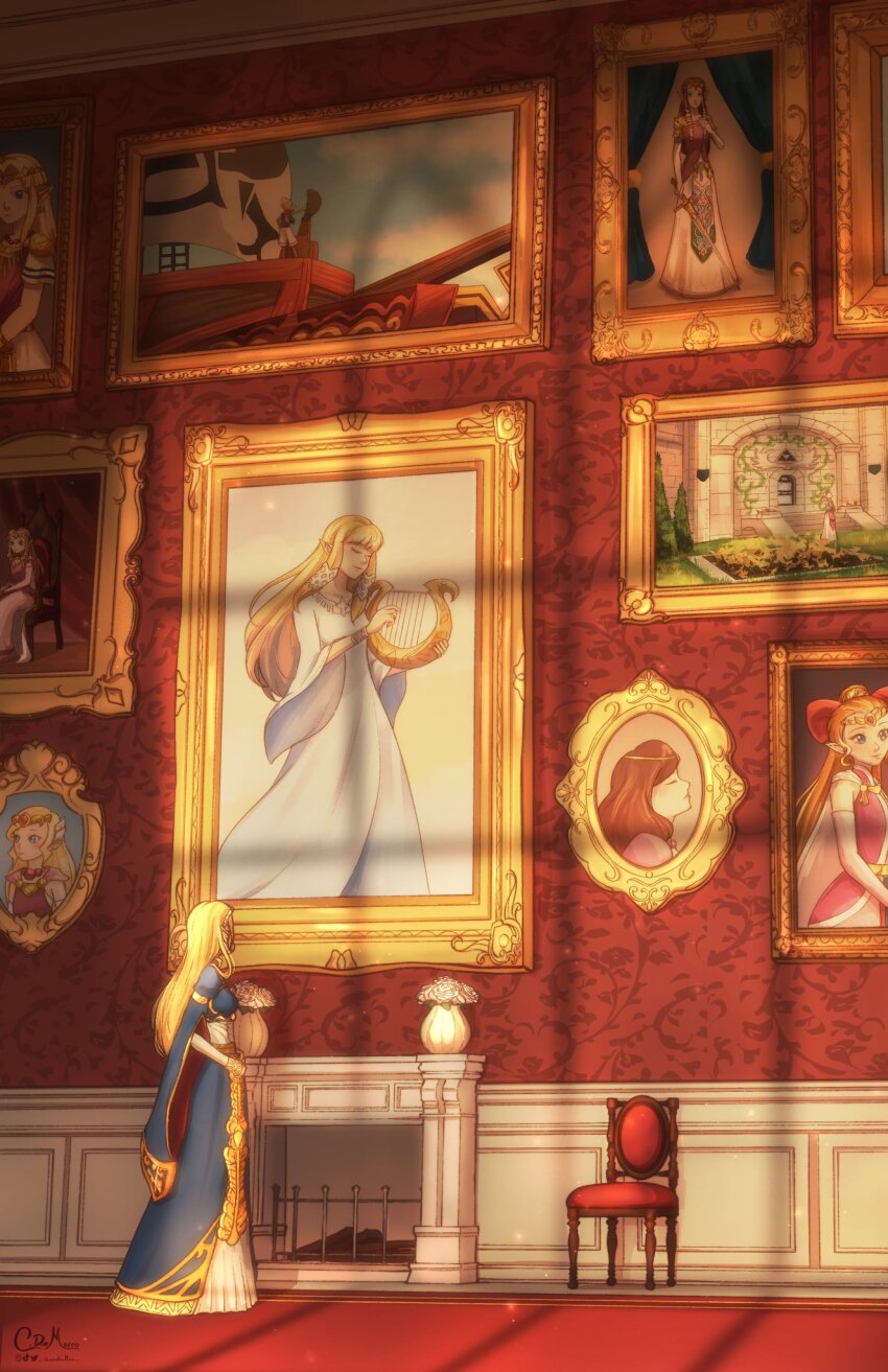 1girl blonde_hair brown_hair chaendeulleo chair dress fireplace highres holding holding_sword holding_weapon in-franchise_crossover multiple_persona nintendo pink_dress pirate_ship pointing pointy_ears portrait_(object) princess_zelda solo standing sunlight sword tetra the_legend_of_zelda the_legend_of_zelda:_a_link_between_worlds the_legend_of_zelda:_a_link_to_the_past the_legend_of_zelda:_breath_of_the_wild the_legend_of_zelda:_four_swords the_legend_of_zelda:_ocarina_of_time the_legend_of_zelda:_skyward_sword the_legend_of_zelda:_the_wind_waker the_legend_of_zelda:_twilight_princess the_legend_of_zelda_(nes) tiara toon_zelda weapon white_dress young_zelda