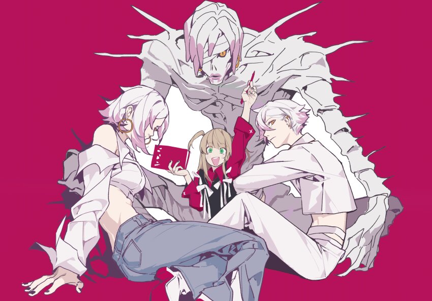 1boy 3girls absurdres amane_misa aqua_eyes bandage_over_one_eye bare_shoulders black_nails black_shirt blonde_hair book breasts collared_shirt crop_top cropped_jacket death_note death_note_(object) dreadlocks dual_persona earrings grey_pants hair_between_eyes hair_over_one_eye hand_up highres holding holding_book holding_pen hoop_earrings humanization jacket jewelry long_hair medium_breasts midriff multiple_girls nail_polish off-shoulder_shirt off_shoulder open_mouth pale_skin pants pen pink_background pink_shirt rem_(death_note) saaak57587044 shinigami shirt shirt_under_shirt short_hair short_twintails slit_pupils smile twintails white_footwear white_hair white_jacket white_pants yellow_eyes