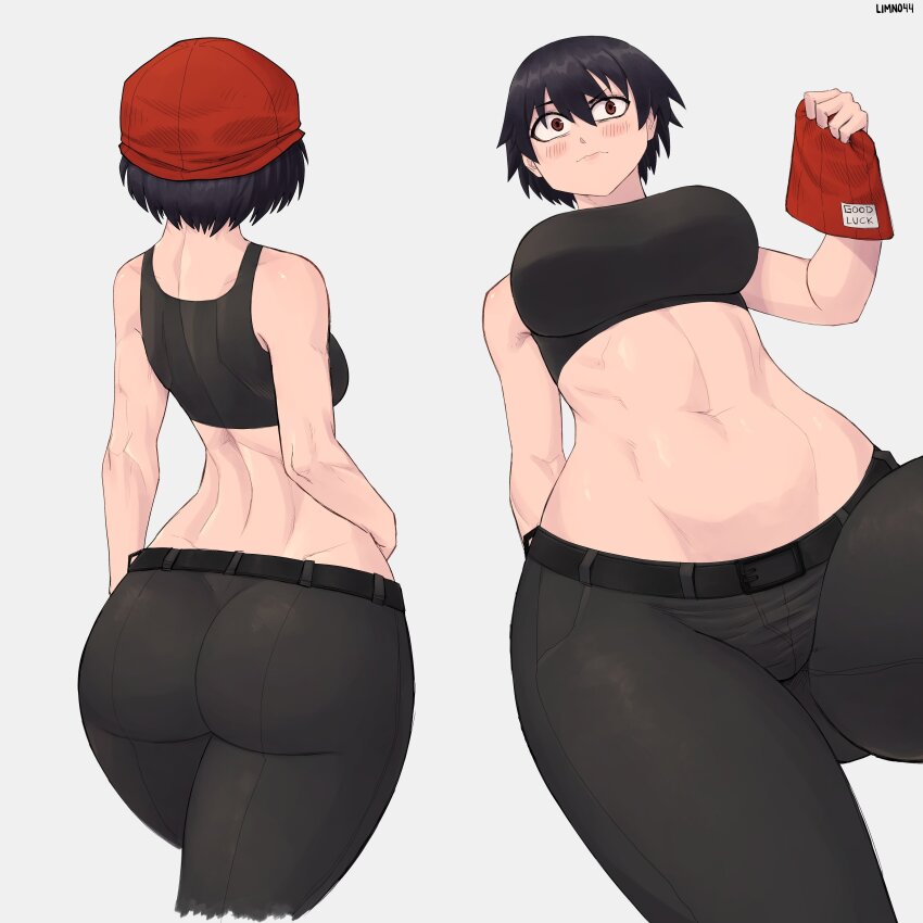 1girl ass beanie belt black_hair blush breasts brown_eyes grey_background hat izumo_fuuko large_breasts limn044 navel pants short_hair simple_background tank_top tight_clothes tight_pants undead_unluck