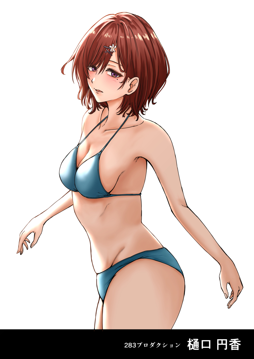 1girl absurdres bikini blue_bikini breasts brown_eyes brown_hair character_name cleavage commentary_request fangs flower hair_flower hair_ornament highres higuchi_madoka idolmaster idolmaster_shiny_colors medium_breasts partial_commentary revision short_hair simple_background skin_fangs solo swimsuit white_background yamasa