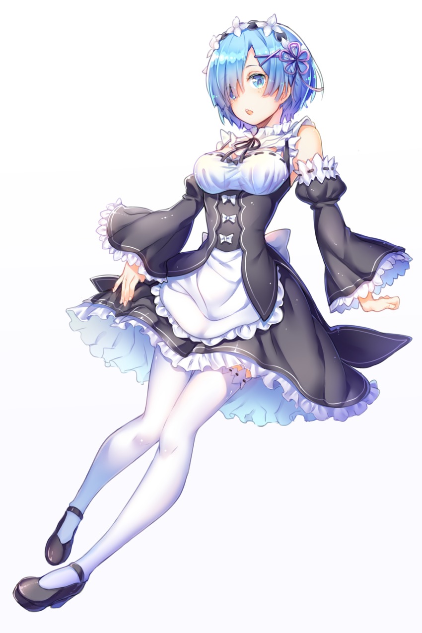 10s 1girl blue_eyes blue_hair blush detached_sleeves female_focus frilled_sleeves frills full_body hair_ornament hair_over_one_eye hair_ribbon highres looking_at_viewer maid maid_headdress matching_hair/eyes open_mouth purple_ribbon re:zero_kara_hajimeru_isekai_seikatsu rem_(re:zero) ribbon ribbon-trimmed_clothes ribbon_trim short_hair simple_background solo somnium thighhighs underbust white_background white_thighhighs x_hair_ornament