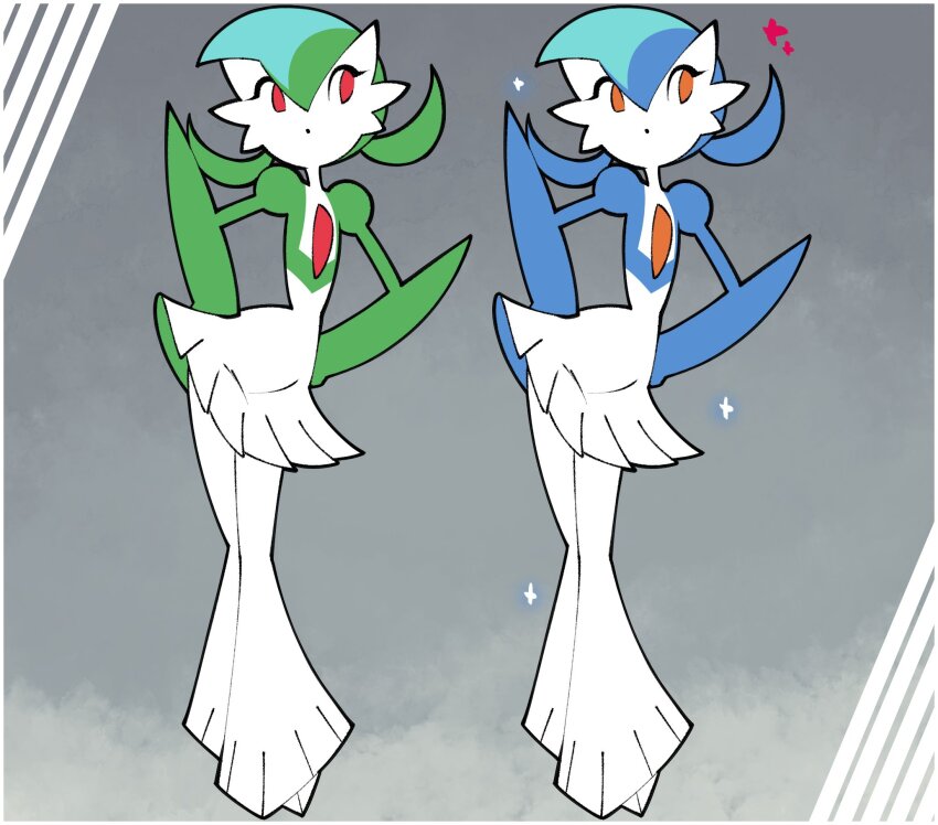 2girls alternate_color bell-bottoms blue_hair blue_skin closed_mouth colored_skin contrapposto creatures_(company) dorianm_bc dot_mouth dual_persona elbow_blade full_body gallade game_freak gen_4_pokemon genderswap genderswap_(mtf) green_hair green_skin hands_on_own_hips highres juliet_sleeves long_sleeves looking_to_the_side mohawk multicolored_skin multiple_girls nintendo no_humans no_sclera pants pleated_skirt pokemon pokemon_(creature) pokemon_focus puffy_sleeves red_eyes shiny_pokemon skirt sparkle standing twintails two-tone_skin white_pants white_skin white_skirt