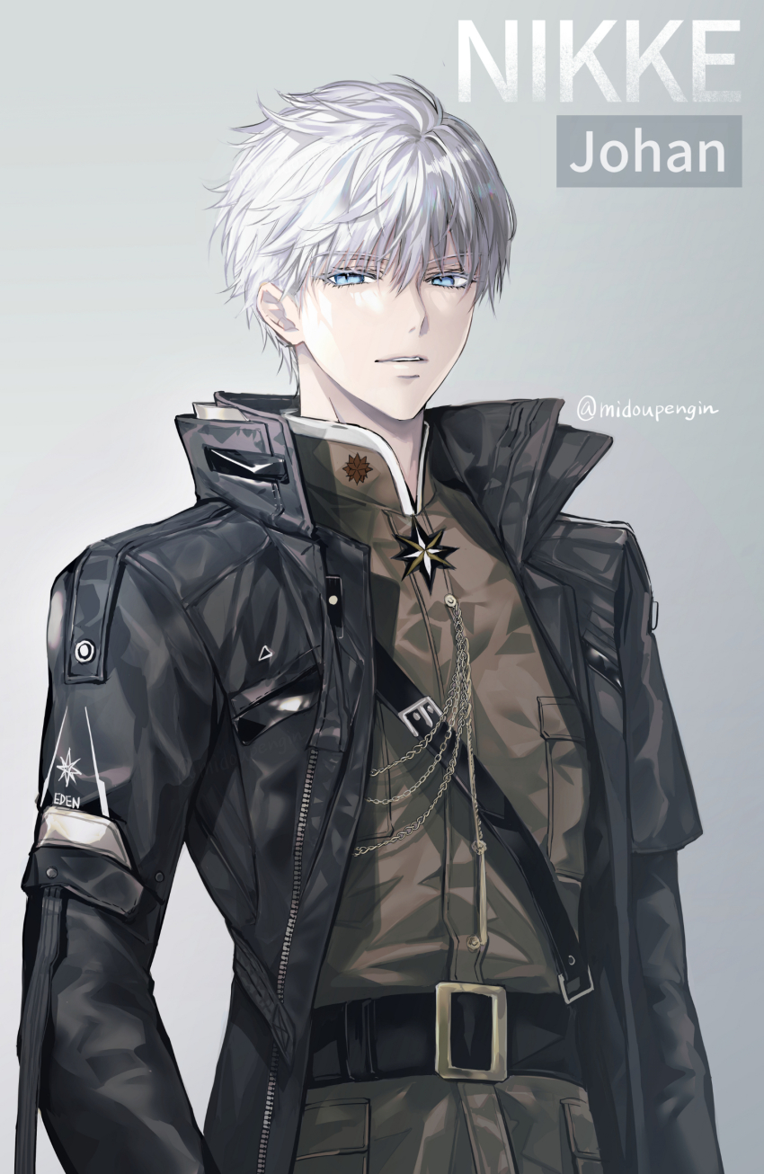 1boy arms_up artist_name belt black_jacket blue_eyes character_name copyright_name goddess_of_victory:_nikke hat highres jacket johan_(nikke) leash male_focus military military_hat military_uniform mintes open_mouth shirt solo standing teeth upper_teeth_only white_hair