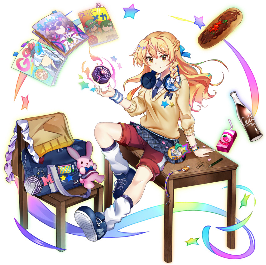 1girl alternate_costume bag black_skirt blonde_hair blue_necktie blue_shoes book bottle bow bracelet braid breasts chair closed_mouth collared_shirt desk eraser food fruit_juice full_body game_cg glass_bottle hair_bow headphones highres jewelry kamishirasawa_keine kawashiro_nitori kirisame_marisa kirisame_marisa_(dauntless_problem_child) kochiya_sanae long_hair long_sleeves looking_at_viewer mini-hakkero miniskirt mushroom mystia_lorelei necktie no_headwear official_art on_desk pen pencil plaid_clothes plaid_skirt red_shorts rotte_(1109) school_bag school_desk school_uniform shirt shoes shorts shorts_under_skirt side_braid single_braid sitting skirt smile socks soda solo star_(symbol) stuffed_animal stuffed_rabbit stuffed_toy sweater table third-party_source touhou touhou_lostword transparent_background white_bow white_shirt white_socks wristband yakisoba yakisobapan yellow_eyes yellow_sweater yorigami_jo&#039;on