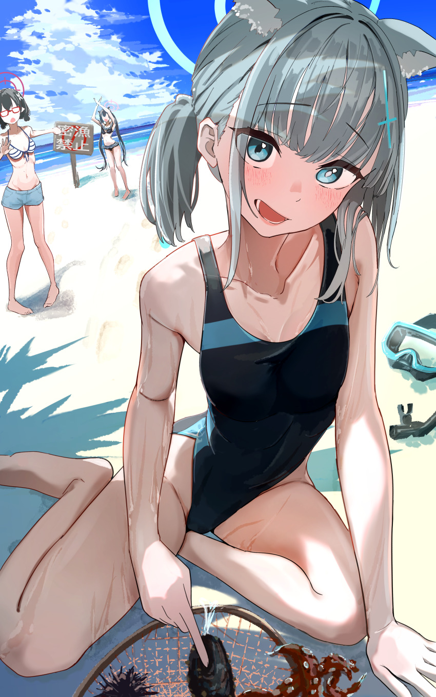 3girls absurdres animal_ear_fluff animal_ears ayane_(blue_archive) ayane_(swimsuit)_(blue_archive) beach black_one-piece_swimsuit blue_archive blue_eyes blue_sky botaso_(t4s0) breasts cloud commentary_request competition_swimsuit covered_navel cross_hair_ornament day diving_mask_removed extra_ears grey_hair hair_ornament halo highres horizon low_ponytail medium_breasts medium_hair mismatched_pupils multicolored_swimsuit multiple_girls ocean official_alternate_costume one-piece_swimsuit outdoors ponytail serika_(blue_archive) serika_(swimsuit)_(blue_archive) shiroko_(blue_archive) shiroko_(swimsuit)_(blue_archive) sign sky snorkel solo_focus swimsuit wolf_ears