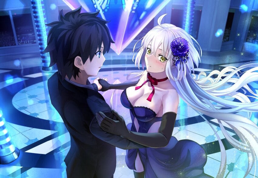 1girl absurdres bare_shoulders black_hair black_suit black_thighhighs blue_dress blue_eyes blush breasts choker cleavage dancing dress fate/grand_order fate_(series) flower formal_clothes fujimaru_ritsuka_(male) fujimaru_ritsuka_(male)_(royal_brand) grey_hair hair_flower hair_ornament harukey highres jeanne_d&#039;arc_alter_(avenger)_(fate) jeanne_d&#039;arc_alter_(fate) large_breasts long_hair short_hair suit thighhighs very_long_hair yellow_eyes