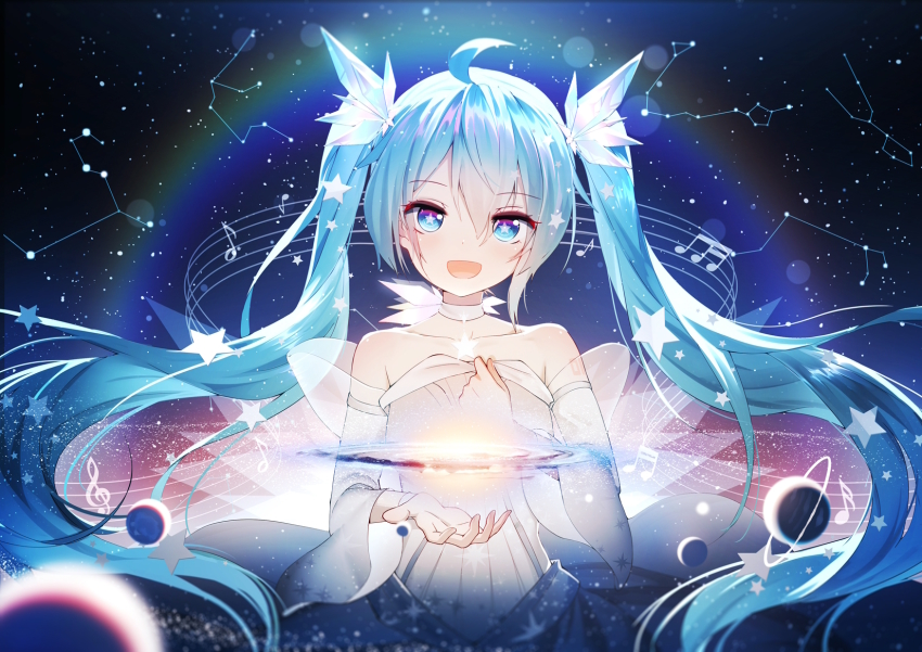 1girl :d ahoge aquarius_(constellation) aries_(constellation) bare_shoulders blue_eyes blue_hair blush choker collarbone commentary_request constellation crystal detached_sleeves dress eighth_note giant giantess hand_on_own_chest hatsune_miku highres leo_(constellation) long_hair long_sleeves looking_at_viewer musical_note open_mouth outstretched_hand pisces_(constellation) planet qys3 smile solo space star-shaped_pupils star_(sky) star_(symbol) strapless strapless_dress symbol-shaped_pupils taurus_(constellation) treble_clef twintails upper_body very_long_hair vocaloid white_choker white_dress