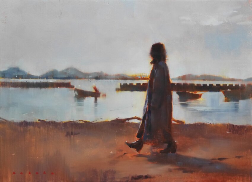 1girl blue_sky boat cloud cloudy_sky day dock faceless faceless_female highres kazuho_iwamoto lake mountain mountainous_horizon original painting_(medium) scenery shadow shore sky solo sunlight traditional_media water watercraft