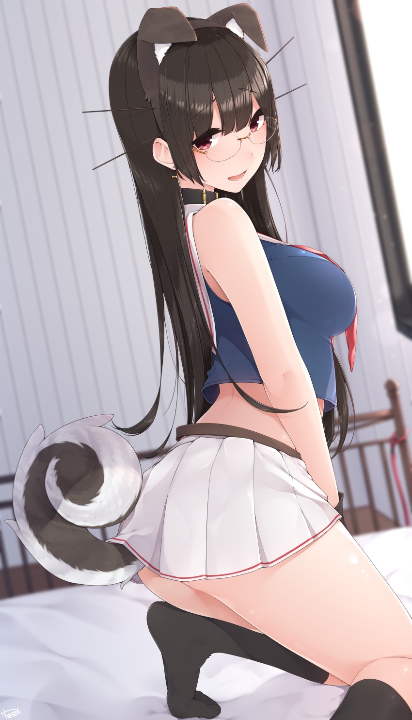 1girl :d absurdres animal_ears artist_name bed bed_sheet black_hair black_socks breasts brown_gloves choukai_(kancolle) commentary_request dog_ears dog_tail fake_animal_ears glasses gloves highres kantai_collection kneehighs large_breasts long_hair open_mouth pleated_skirt red_eyes rimless_eyewear signature skirt sleeveless smile socks solo tail white_skirt yukichi_(sukiyaki39)