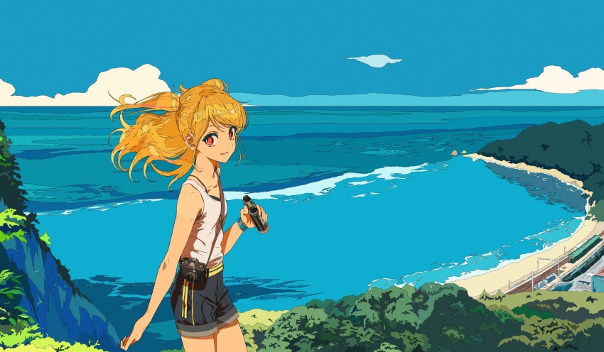 1girl aikatsu! aikatsu!_(series) beach binoculars black_shorts blonde_hair blue_sky bracelet camera cloud commentary_request day highres holding holding_binoculars holding_camera horizon jewelry ligne_claire long_hair looking_at_viewer natsuki_mikuru ocean open_mouth outdoors red_eyes semham shirt shorts sky sleeveless sleeveless_shirt smile solo standing two_side_up water white_shirt wind