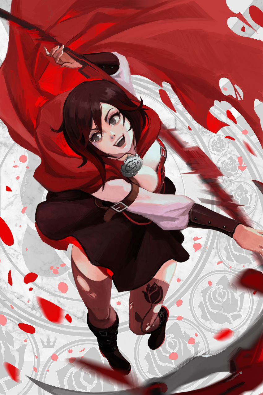 1girl absurdres belt black_boots black_dress black_hair black_thighhighs boots cape cloak corset cross dress female_focus frilled_dress frills gradient_hair grey_eyes highres hood hooded_cloak knee_boots long_sleeves multicolored_hair multiple_belts nikusenpai red_cape red_hair ruby_rose rwby scythe short_hair solo thighhighs two-tone_hair weapon