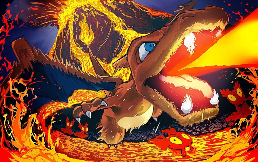 blue_eyes breath_weapon breathing_fire charizard claws commentary_request creatures_(company) eruption fangs fire flying game_freak gen_1_pokemon gen_2_pokemon lava mayotsunamayo nintendo no_humans outdoors pokemon pokemon_(creature) slugma volcano