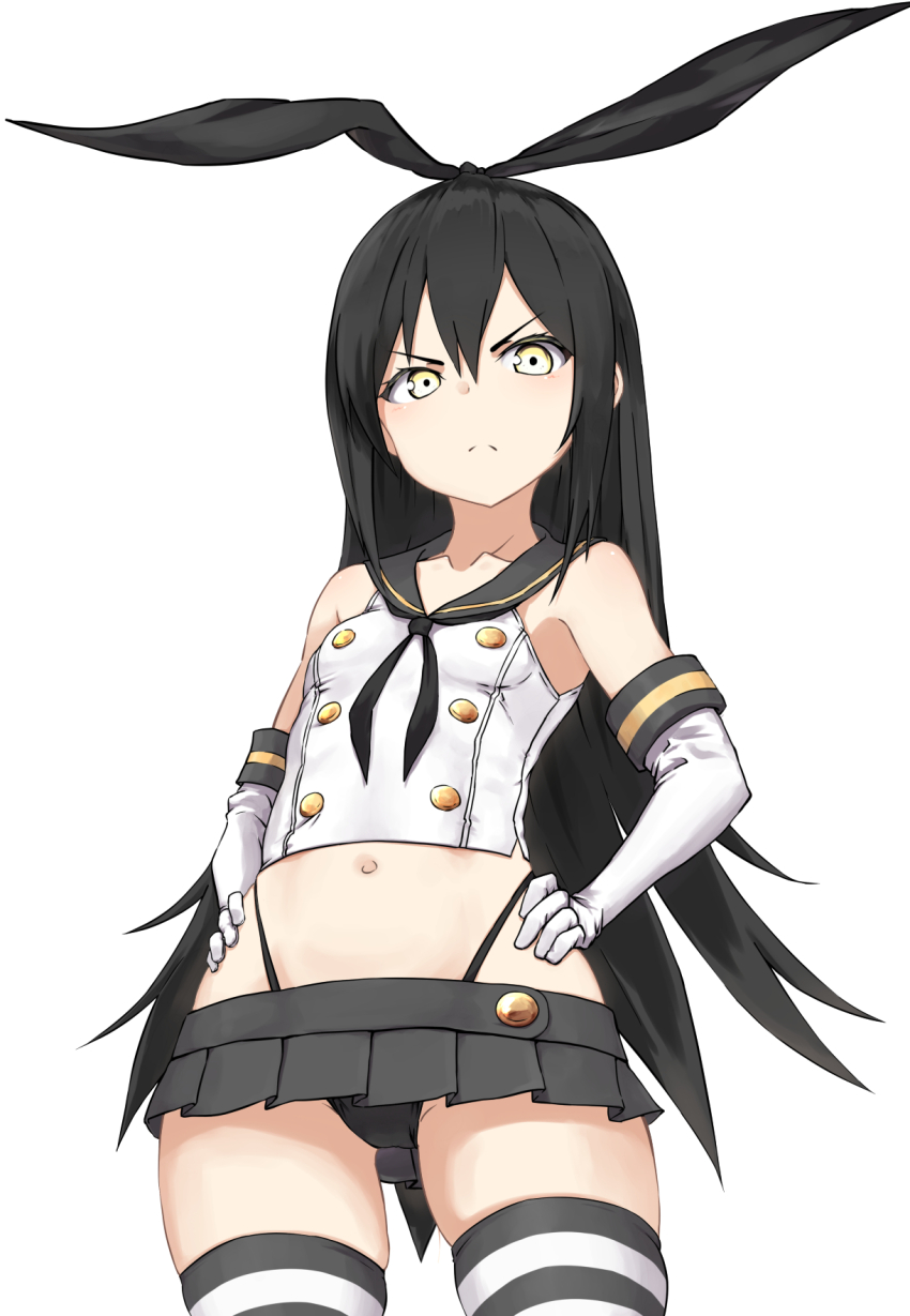 1girl black_hair black_hairband black_neckerchief black_panties black_skirt breasts cosplay crop_top elbow_gloves girls&#039;_frontline gloves hair_between_eyes hairband highleg highleg_panties highres horizontal-striped_thighhighs judge_(girls&#039;_frontline) kantai_collection long_hair looking_at_viewer microskirt navel neckerchief panties pleated_skirt sailor_collar sangvis_ferri shimakaze_(kancolle) shimakaze_(kancolle)_(cosplay) skirt small_breasts solo striped_clothes striped_thighhighs thighhighs thong underwear very_long_hair white_gloves yellow_eyes zafuri_(yzrnegy)