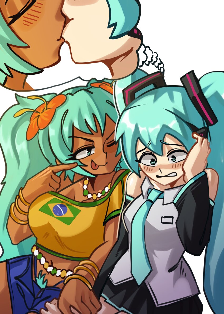 2girls absurdres aqua_eyes aqua_hair bare_shoulders bead_belt bead_necklace beads blue_hair blush bracelet brazilian_flag brazilian_flag_print brazilian_miku breasts crop_top dark-skinned_female dark_skin detached_sleeves flag_print flower grey_shirt hair_flower hair_ornament hairclip hatsune_miku headphones headset highres holding_hands jewelry kiss long_hair midriff moxydraws multiple_girls necklace necktie pubic_hair shirt short_shorts shorts skirt speech_bubble thong thought_bubble tongue tongue_out twintails two_side_up very_long_hair vocaloid yuri