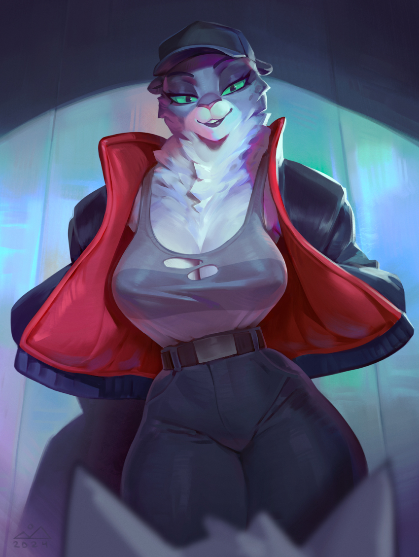 1girl 1other black_hat black_jacket black_pants bonifasko breasts cleavage colored_sclera furry furry_female green_sclera grey_fur grey_tank_top hat highres jacket kitty_kat_(the_bad_guys) large_breasts looking_at_viewer open_clothes open_jacket pants red_jacket slit_pupils snow_leopard_girl solo_focus tank_top the_bad_guys_(film) two-sided_fabric two-sided_jacket