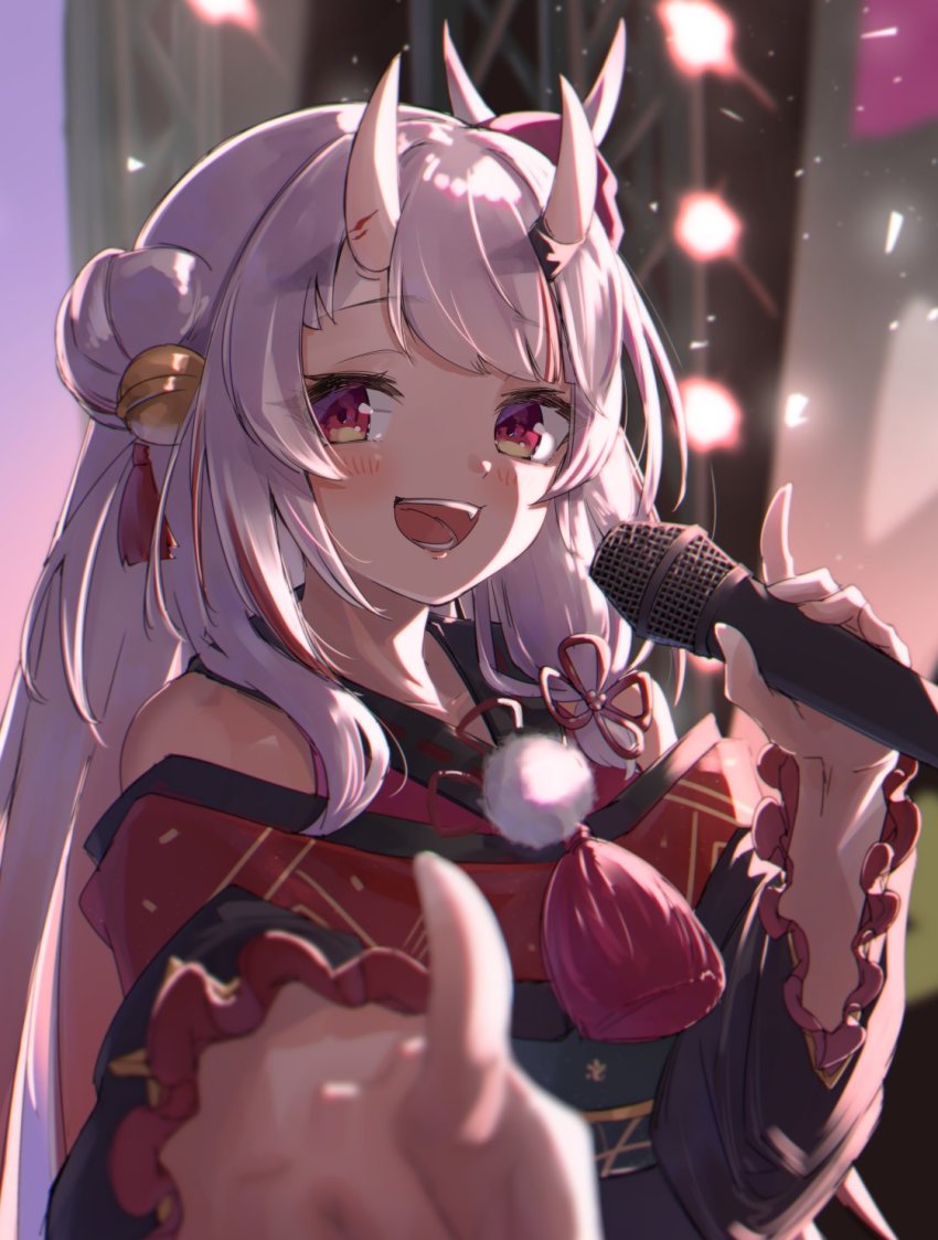 1girl :d bell blush commentary_request hair_bell hair_bun hair_ornament hair_ribbon highres hololive horns long_hair long_sleeves looking_at_viewer microphone multicolored_hair music nakiri_ayame nakiri_ayame_(1st_costume) namaonpa open_mouth pointing pointing_at_viewer red_eyes red_hair ribbon singing single_hair_bun smile solo streaked_hair tress_ribbon upper_body virtual_youtuber white_hair