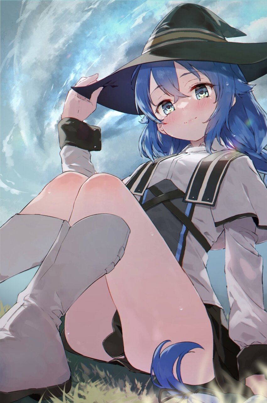 1girl black_skirt blue_eyes blue_hair boots braid breasts capelet crossed_bangs hair_between_eyes hat highres light_blush long_braid long_hair mokkori mushoku_tensei roxy_migurdia sitting skirt small_breasts smile solo thighs twin_braids witch_hat