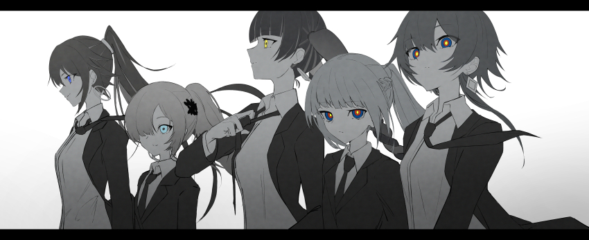 5girls absurdres adjusting_clothes adjusting_necktie aqui2002 black_necktie black_suit blue_eyes blunt_bangs braid breasts crystal_earrings dress_shirt earrings flat_chest floating_earring formal hair_between_eyes hair_ornament hair_over_one_eye hairband half_up_braid harusaruhi head_down high_ponytail highres hoop_earrings isekaijoucho jacket jewelry kaf_(kamitsubaki_studio) kamitsubaki_studio koko_(kamitsubaki_studio) letterboxed light_smile lone_nape_hair long_hair looking_afar looking_ahead looking_at_viewer loose_necktie medium_breasts monochrome multicolored_eyes multiple_girls necktie open_clothes open_jacket raised_eyebrows red_eyes rim_(kamitsubaki_studio) ringed_eyes shirt simple_background small_breasts spot_color suit suit_jacket twin_braids twintails white_background white_shirt yellow_eyes yellow_pupils