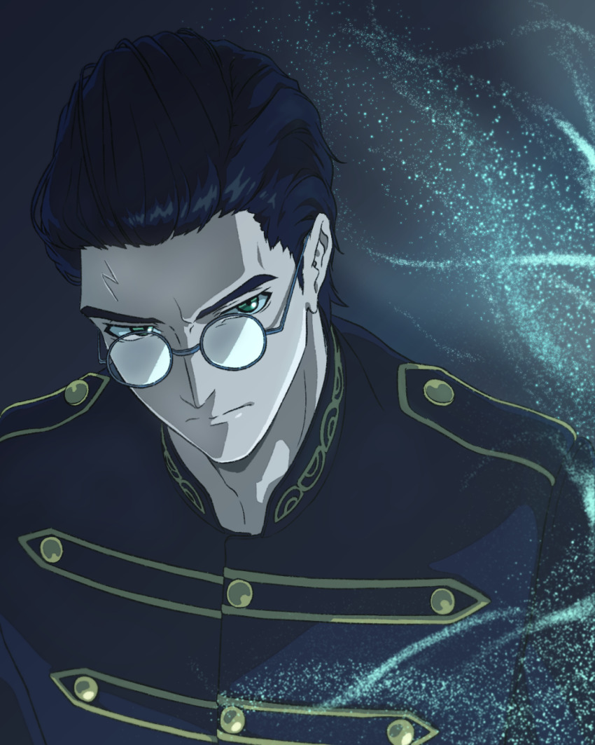 1boy aged_up black_hair glasses green_eyes harry_potter harry_potter_(series) harry_potter_and_the_cursed_child highres scar scar_on_face scar_on_forehead short_hair solo upper_body wizarding_world