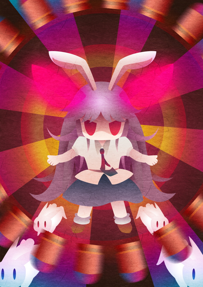 1girl absurdres animal_ears blank_eyes blue_eyes blue_skirt rabbit rabbit_ears female_focus godling highres light_rays long_hair looking_at_viewer purple_hair red_eyes reisen_udongein_inaba shou_kami skirt solo stage_lights standing touhou very_long_hair zhaoli_jin