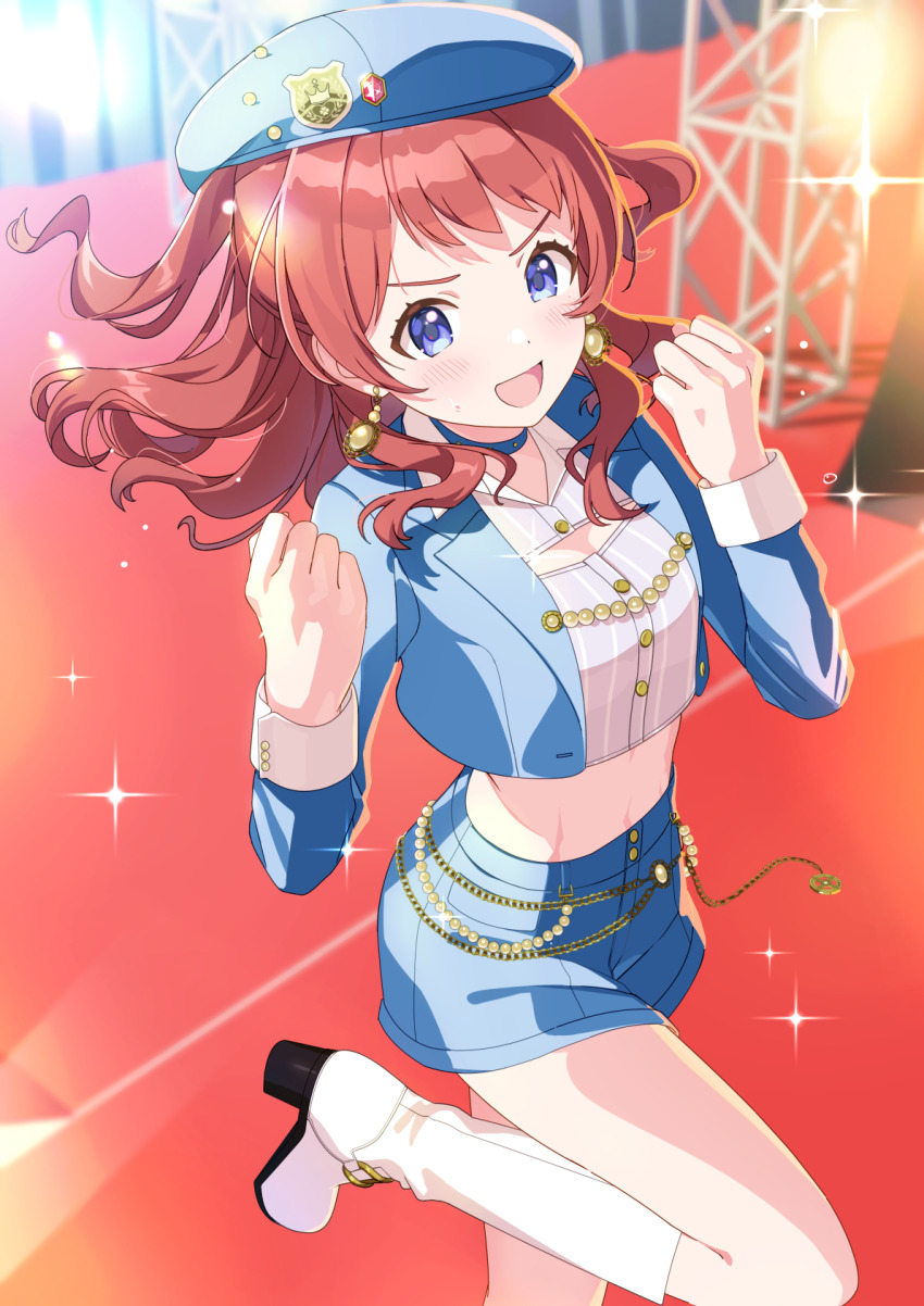 1girl beret blue_hat blue_jacket blue_shorts boom_boom_pow_(idolmaster) boots cleavage_cutout clothing_cutout crop_top cropped_jacket cropped_shirt earrings gakuen_idolmaster hanami_saki hat high_heel_boots high_heels highres idol_clothes idolmaster jacket jewelry long_hair looking_at_viewer midriff misuzu0342 open_mouth short_shorts shorts smile solo stage white_footwear