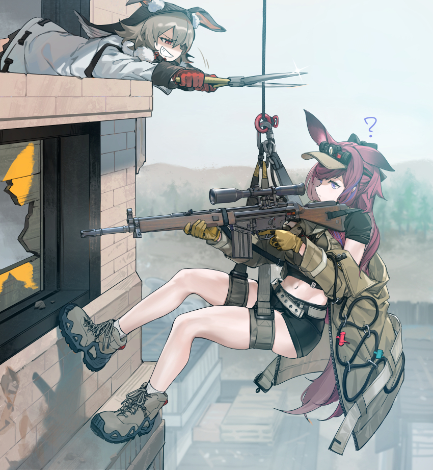 2girls ? absurdres animal_ear_fluff animal_ears arknights battle_rifle belt black_shirt black_shorts caper_(arknights) commission crop_top dress gloves grey_belt grey_footwear grey_hair grin gun h&amp;k_g3 highres holding holding_gun holding_weapon long_hair long_sleeves midriff multiple_girls mush navel outdoors purple_eyes purple_hair rabbit_ears ray_(arknights) red_eyes red_gloves rifle second-party_source shears shirt shoes short_shorts shorts smile sneakers sniper_rifle thighs visor_cap weapon white_dress