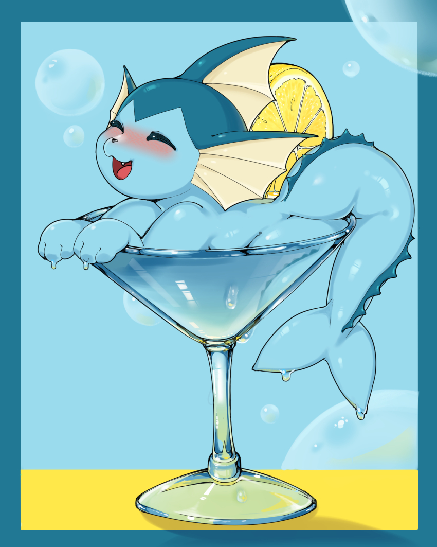 animal_focus blue_border blush border bubble creatures_(company) cup drinking_glass fang fins food fruit game_freak gen_1_pokemon glass highres lemon lemon_slice nintendo no_humans open_mouth pokemon pokemon_(creature) rapel vaporeon wine_glass