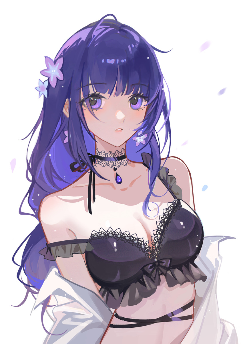 1girl bare_shoulders black_bra black_choker bra breasts choker cleavage commentary_request earrings flower flower_earrings frilled_bra frills genshin_impact haitu highres jewelry lace-trimmed_choker lace_trim long_hair looking_at_viewer parted_lips purple_eyes purple_flower purple_hair raiden_shogun shirt shirt_partially_removed simple_background solo underwear upper_body white_background white_shirt