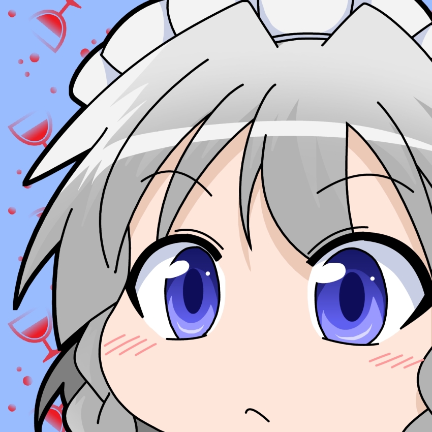 1girl :&lt; blue_background blue_eyes braid close-up commentary_request grey_hair highres izayoi_sakuya maid_headdress mikazuki_neko patterned_background solo touhou twin_braids