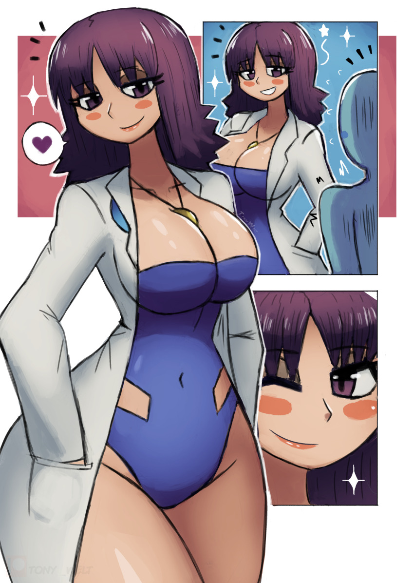 1boy 1girl absurdres blue_one-piece_swimsuit blush breasts cleavage collarbone creatures_(company) game_freak grin hands_in_pockets heart highres jacket jewelry lab_coat large_breasts long_hair looking_at_viewer necklace nintendo one-piece_swimsuit one_eye_closed open_clothes open_jacket philena_ivy pokemon pokemon_(anime) pokemon_(classic_anime) purple_eyes purple_hair smile sparkle spoken_heart standing star_(symbol) swimsuit teeth tony_welt white_background white_jacket wide_hips wink