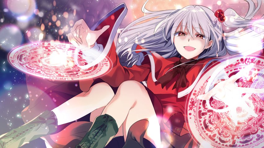 1girl :d absurdres black_footwear boots cross-laced_footwear dress grey_hair hair_bobbles hair_ornament highres katayama_kei light_particles long_hair long_sleeves looking_at_viewer one_side_up open_mouth red_dress red_eyes shinki_(touhou) smile solo touhou touhou_(pc-98) wide_sleeves