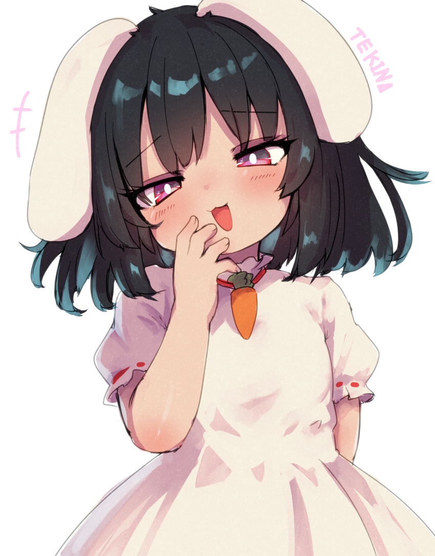 +++ 1girl :3 absurdres animal_ears black_hair blush bright_pupils carrot_necklace commentary cowboy_shot dress floppy_ears hand_up highres inaba_tewi jewelry looking_at_viewer necklace open_mouth pink_dress pink_eyes rabbit_ears rabbit_girl short_hair short_sleeves simple_background smile smug solo tekina_(chmr) touhou white_background white_dress white_pupils