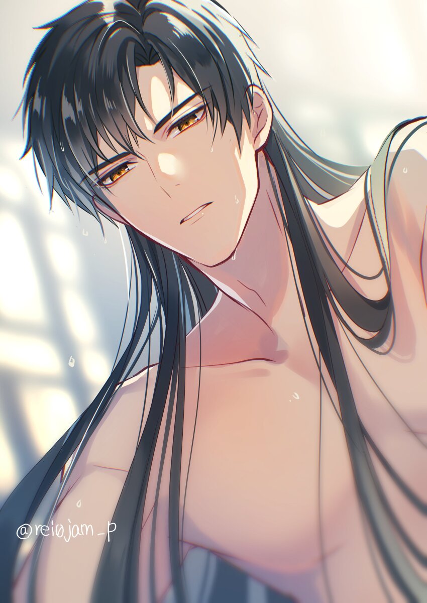 1boy absurdres black_hair collarbone hair_down highres lips long_hair love_and_deepspace male_focus parted_lips rei_(usabiba) solo topless_male twitter_username upper_body water_drop wet wet_hair yellow_eyes zayne_(love_and_deepspace)