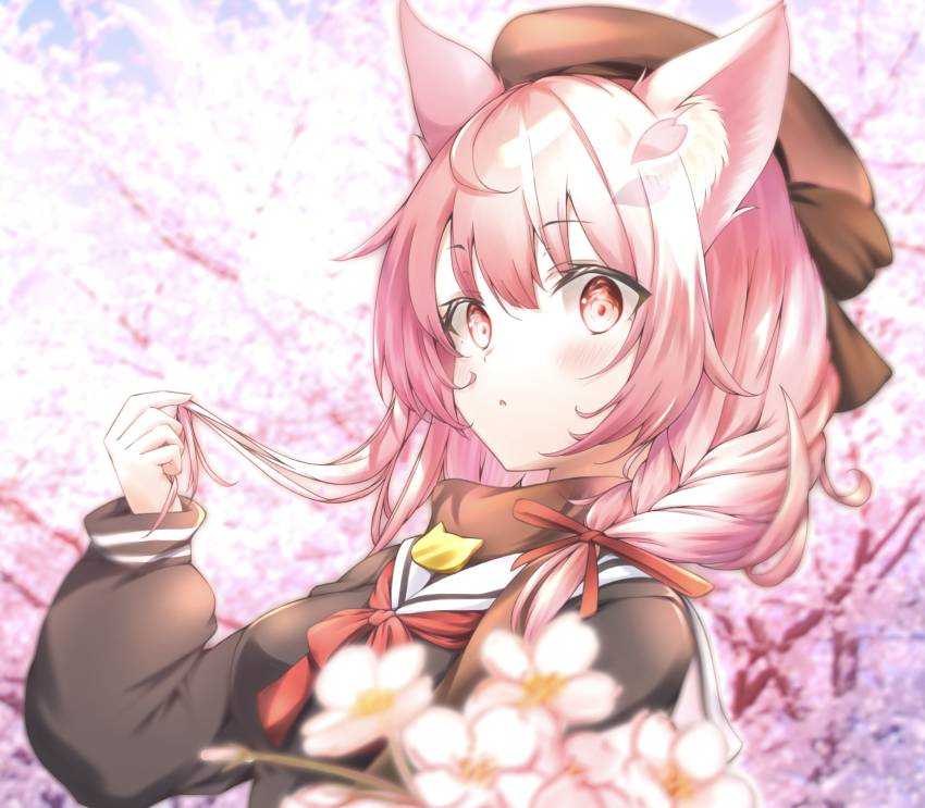 1girl :o absurdres animal_ear_fluff animal_ears asobineko_(neko_irastonyan) beret black_shirt blurry blurry_background blurry_foreground blush braid brown_hat brown_ribbon brown_scarf cat_ears cat_girl cherry_blossoms commentary_request depth_of_field expressionless eyes_visible_through_hair flower hair_ribbon hand_up hat hat_ribbon highres holding holding_own_hair indie_virtual_youtuber izumiya_konomi long_hair long_sleeves looking_at_viewer neckerchief parted_lips partial_commentary petals pink_flower pink_hair plant puffy_long_sleeves puffy_sleeves red_eyes red_neckerchief red_ribbon ribbon scarf shirt solo twin_braids twintails upper_body virtual_youtuber