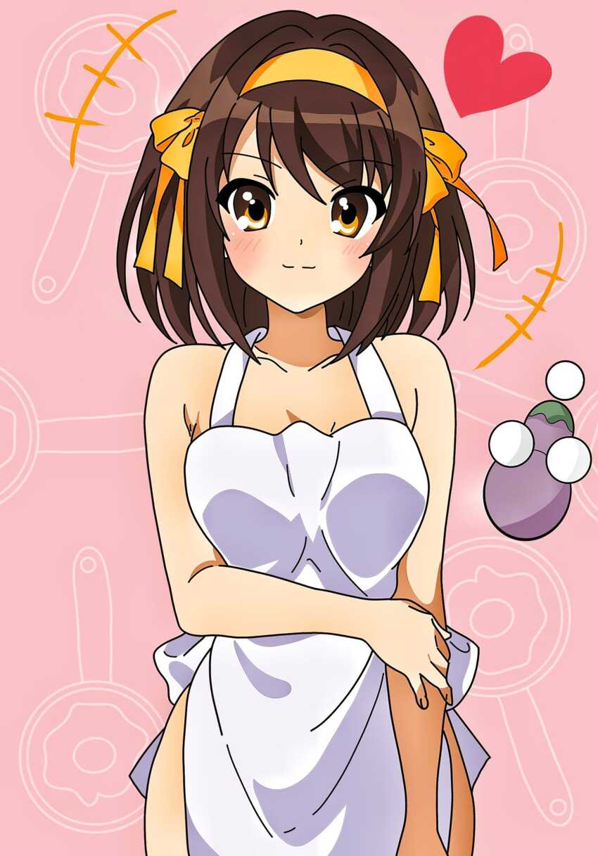 1girl apron artist_request brown_hair closed_mouth hairband heart highres naked_apron non-web_source orange_hairband solo suzumiya_haruhi suzumiya_haruhi_no_yuuutsu tagme white_apron yellow_eyes