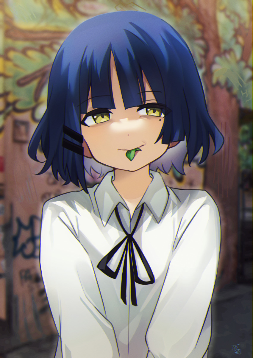 1girl absurdres averting_eyes black_ribbon blue_hair blurry blurry_background bocchi_the_rock! collared_shirt commentary dot_nose eating english_commentary facing_viewer highres leaf long_sleeves mole mole_under_eye neck_ribbon oz_sumire ribbon school_uniform shimokitazawa_high_school_uniform shirt short_hair solo upper_body white_shirt yamada_ryo yellow_eyes