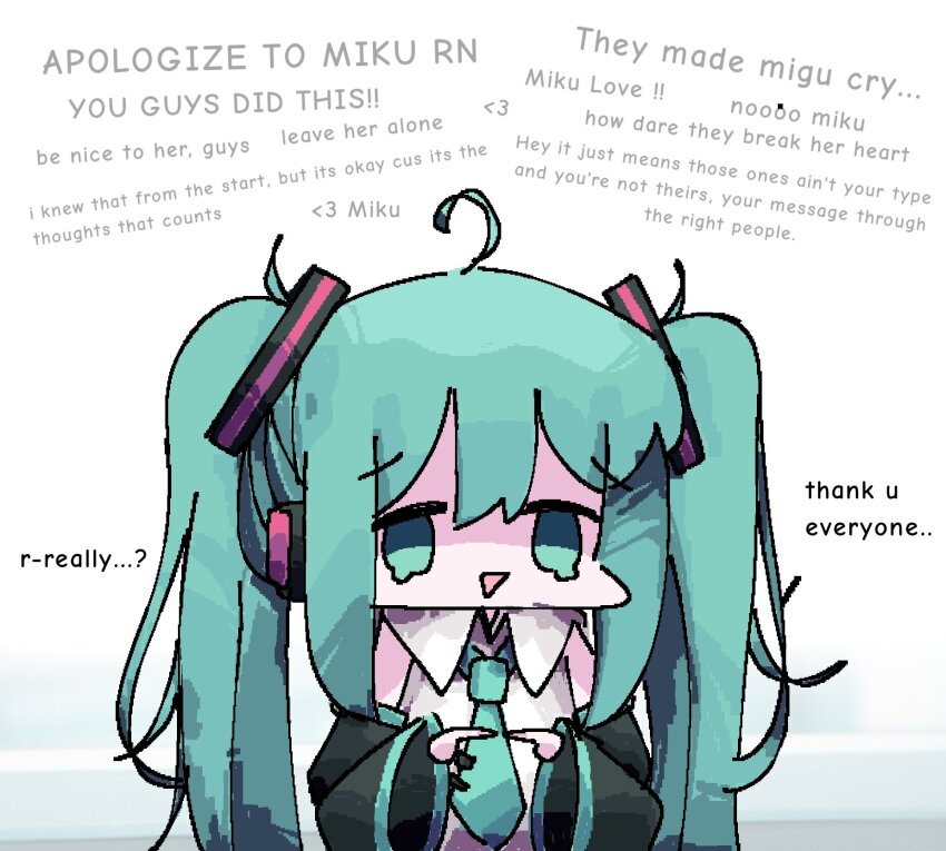 1girl :d ahoge aqua_eyes aqua_hair aqua_necktie black_sleeves chibi commentary detached_sleeves english_commentary english_text furrowed_brow hatsune_miku headphones heart highres index_fingers_together jaggy_lines jpeg_artifacts koyoinacho long_hair long_sleeves looking_at_viewer necktie open_mouth own_hands_together smile standing tearing_up twintails upper_body vocaloid