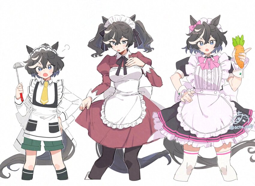 1girl acta_0907 age_progression aged_down alternate_costume alternate_hairstyle apron blue_eyes blush breasts carrot commentary_request enmaided food hair_between_eyes hair_ornament highres horse_girl katsuragi_ace_(umamusume) looking_at_viewer maid maid_apron medium_breasts medium_hair pantyhose shorts solo twintails umamusume white_background