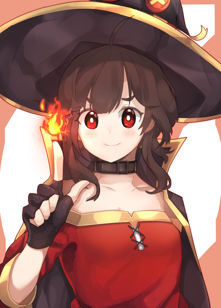 1girl absurdres ahoge bandages black_choker blush breasts brown_hair cape choker collarbone commentary dress fingerless_gloves fire gloves h.pn hat highres kono_subarashii_sekai_ni_shukufuku_wo! looking_at_viewer magic megumin red_dress red_eyes smile solo witch witch_hat