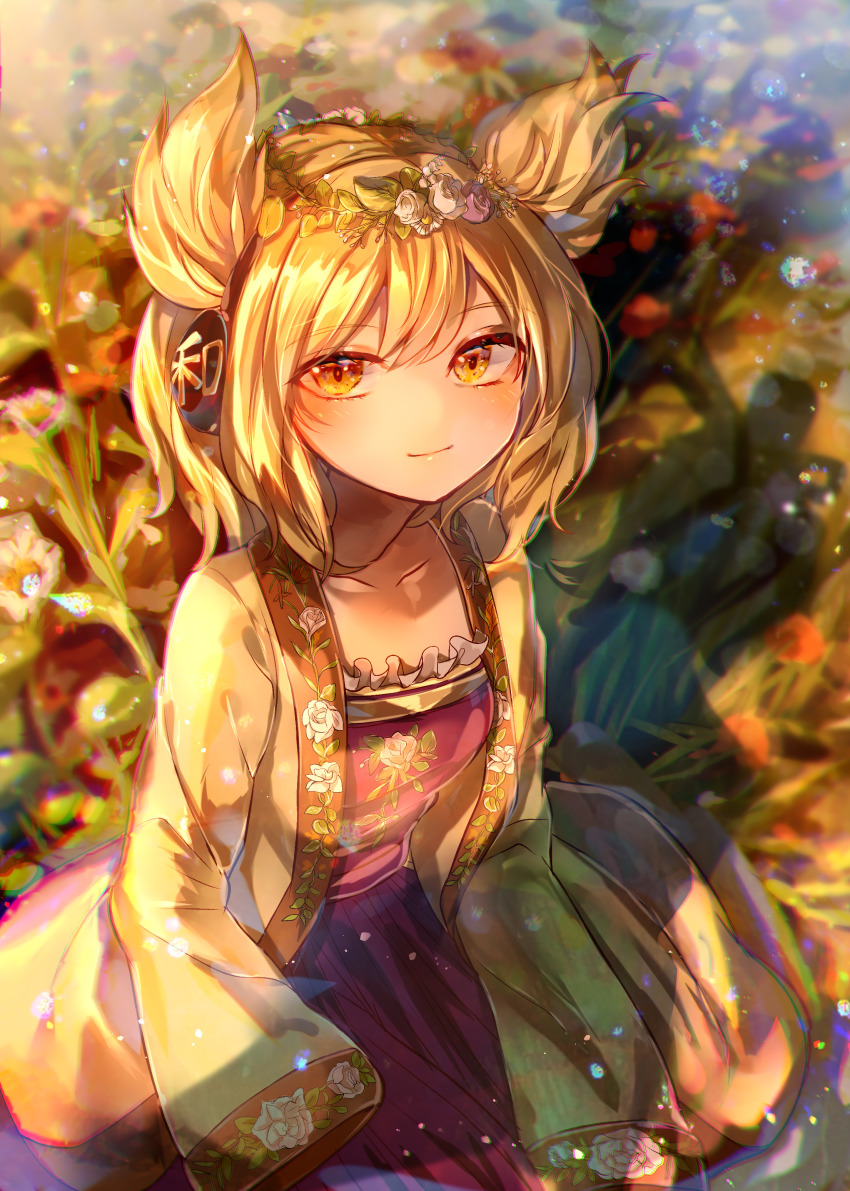 1girl absurdres adapted_costume blonde_hair blush breasts chromatic_aberration closed_mouth collarbone commentary_request earmuffs floral_print flower flower_wreath frills from_above highres itsumizu light_smile long_sleeves looking_at_viewer medium_hair outdoors pointy_hair sitting sleeves_past_fingers sleeves_past_wrists small_breasts solo touhou toyosatomimi_no_miko wariza white_flower yellow_eyes